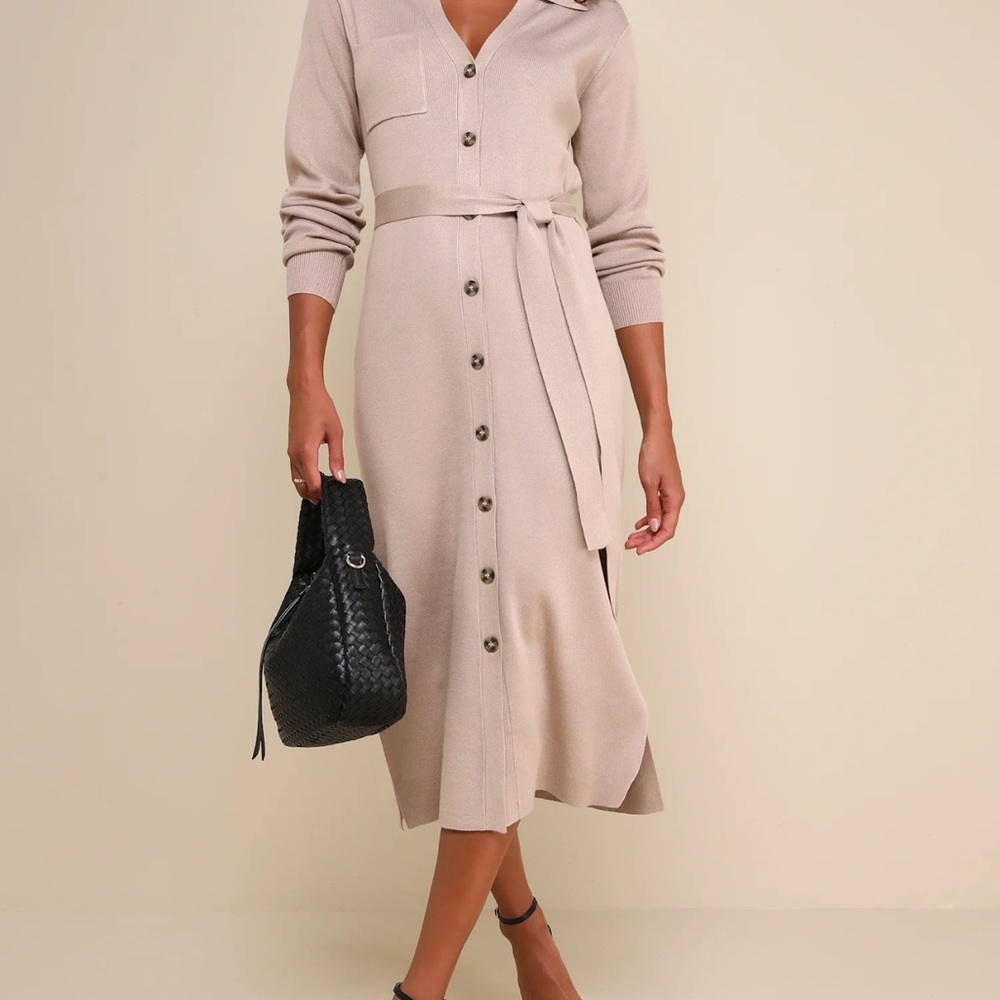 LULUS Charming Comfort Beige Collared Button-Up Sweater Dress - NWT